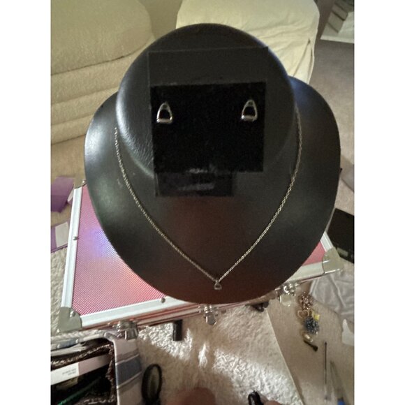 Equestrian Stirrup Necklace & Earrings Set Silver Tone Horse Riding Pierced - Picture 3 of 16